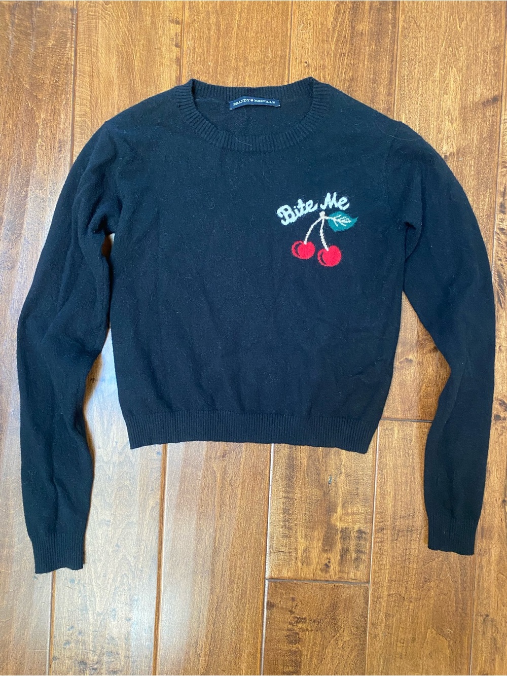 Brandy Melville Black Crewneck Sweater with Red Cherry Embroidery